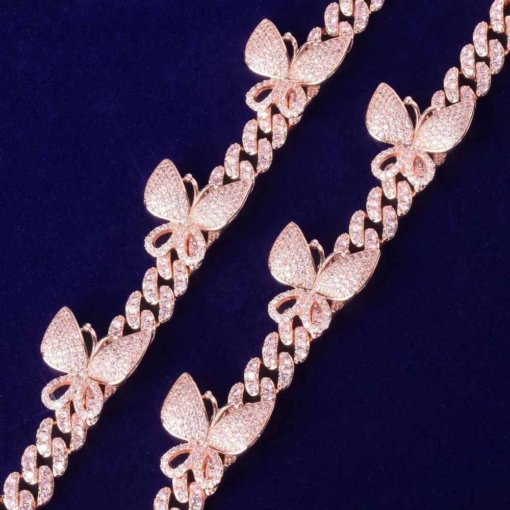 10mm Pink Cuban Link Bracelet With Butterfly AAAA Zircon Chain