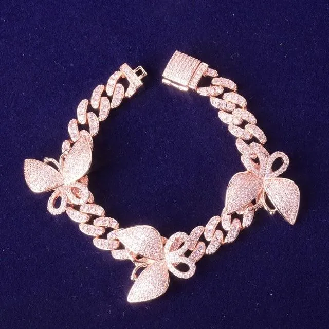 10mm Pink Cuban Link Bracelet With Butterfly AAAA Zircon Chain