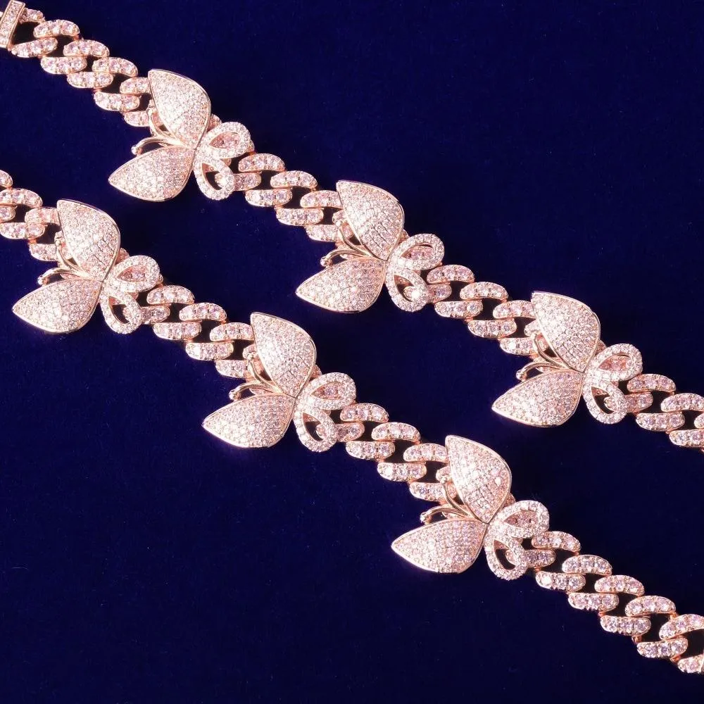 10mm Pink Cuban Link Bracelet With Butterfly AAAA Zircon Chain