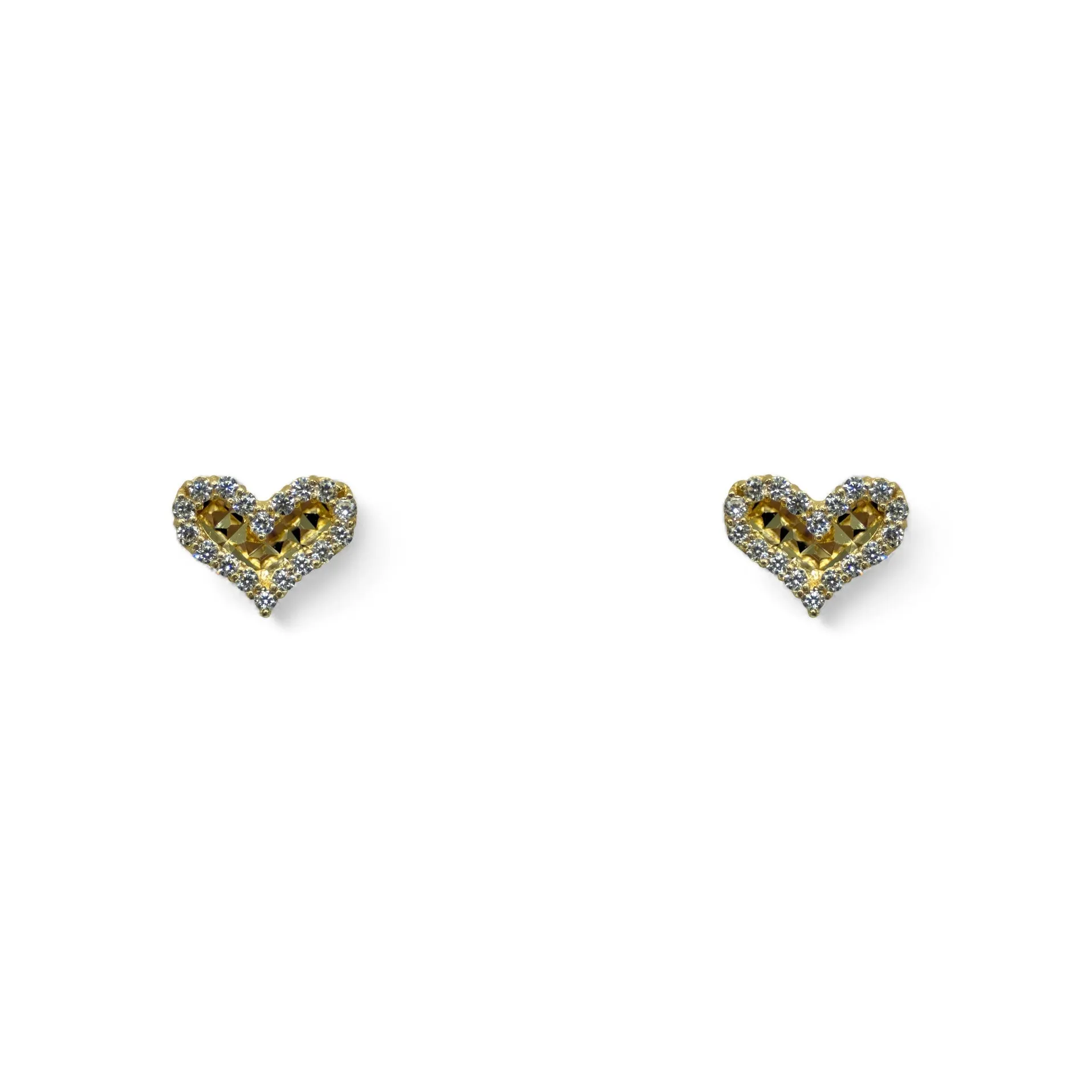 14k Gold Earrings With Wide Heart With Inner Diamond-Cut Design & CZ Halo