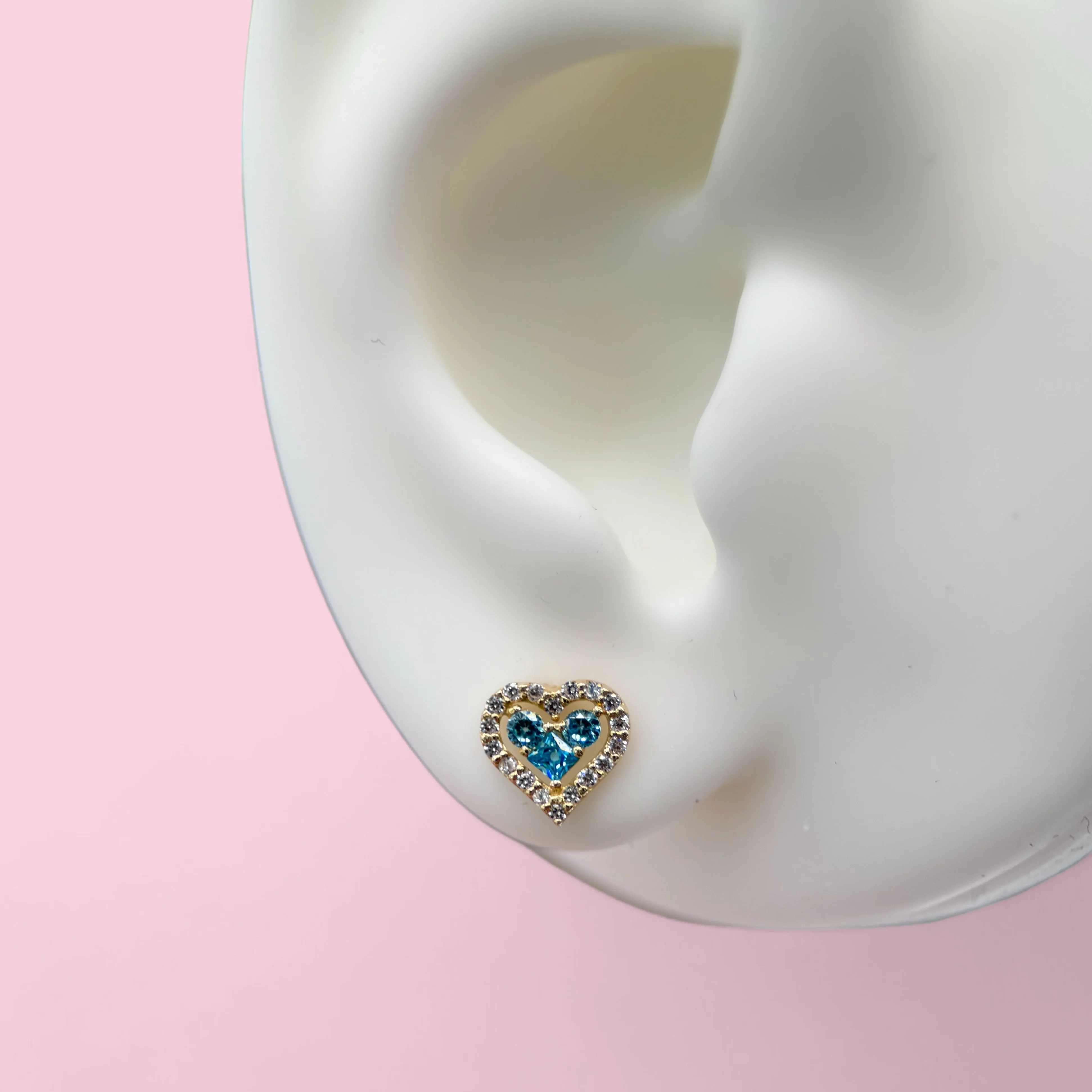 14K Gold Heart Screwback Earring With Blue Topaz CZ Center & White CZ Halo