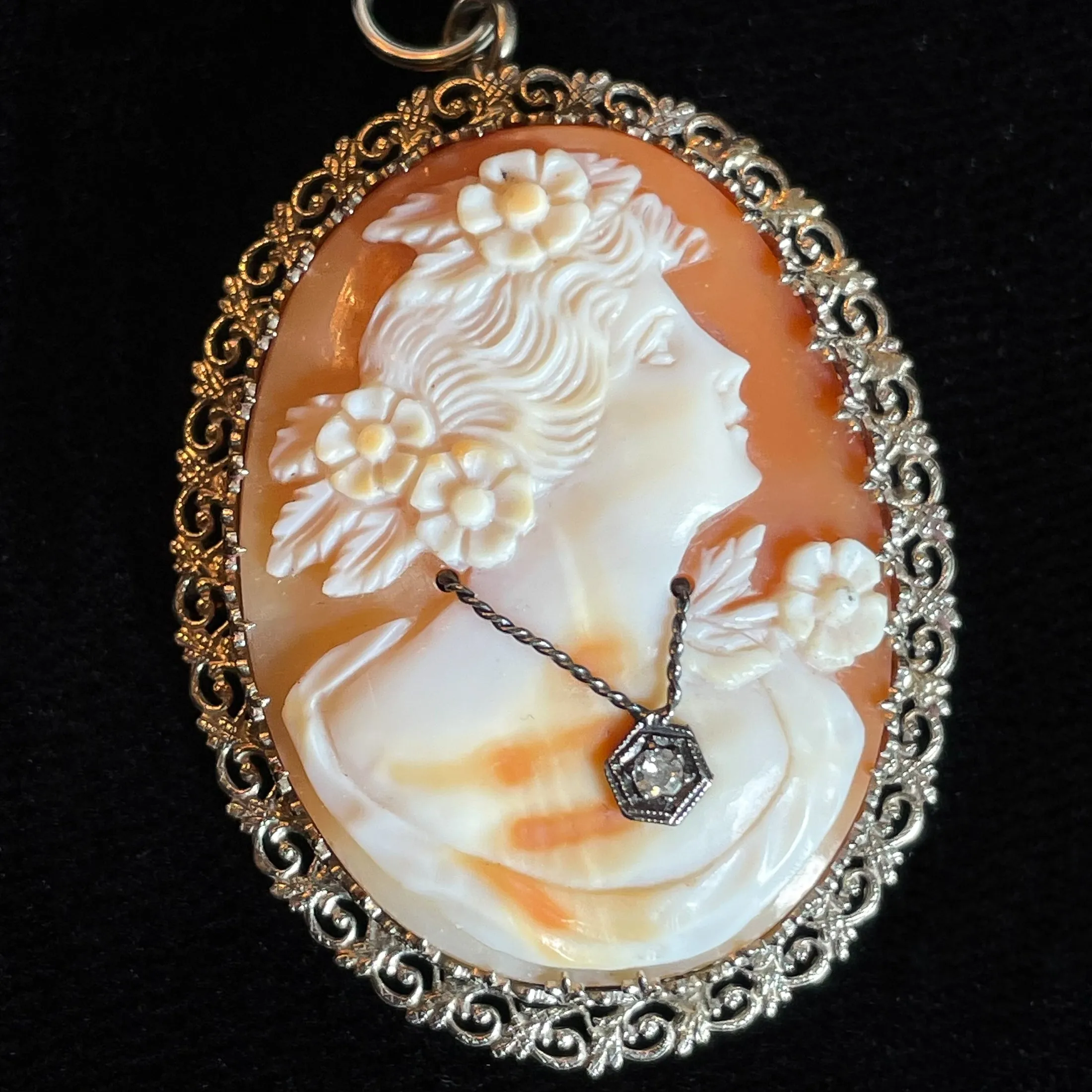 14K White Gold Antique Cameo Pendant/Brooch, Antique Victorian Habille Cameo