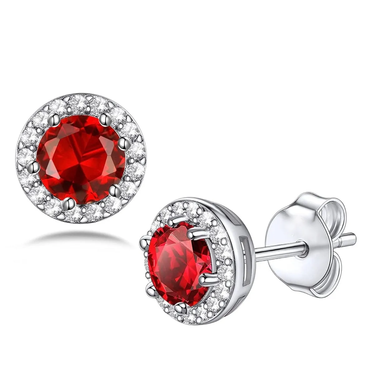 14K White Gold Flashed Birthstone Gemstone CZ Halo Studs Earrings