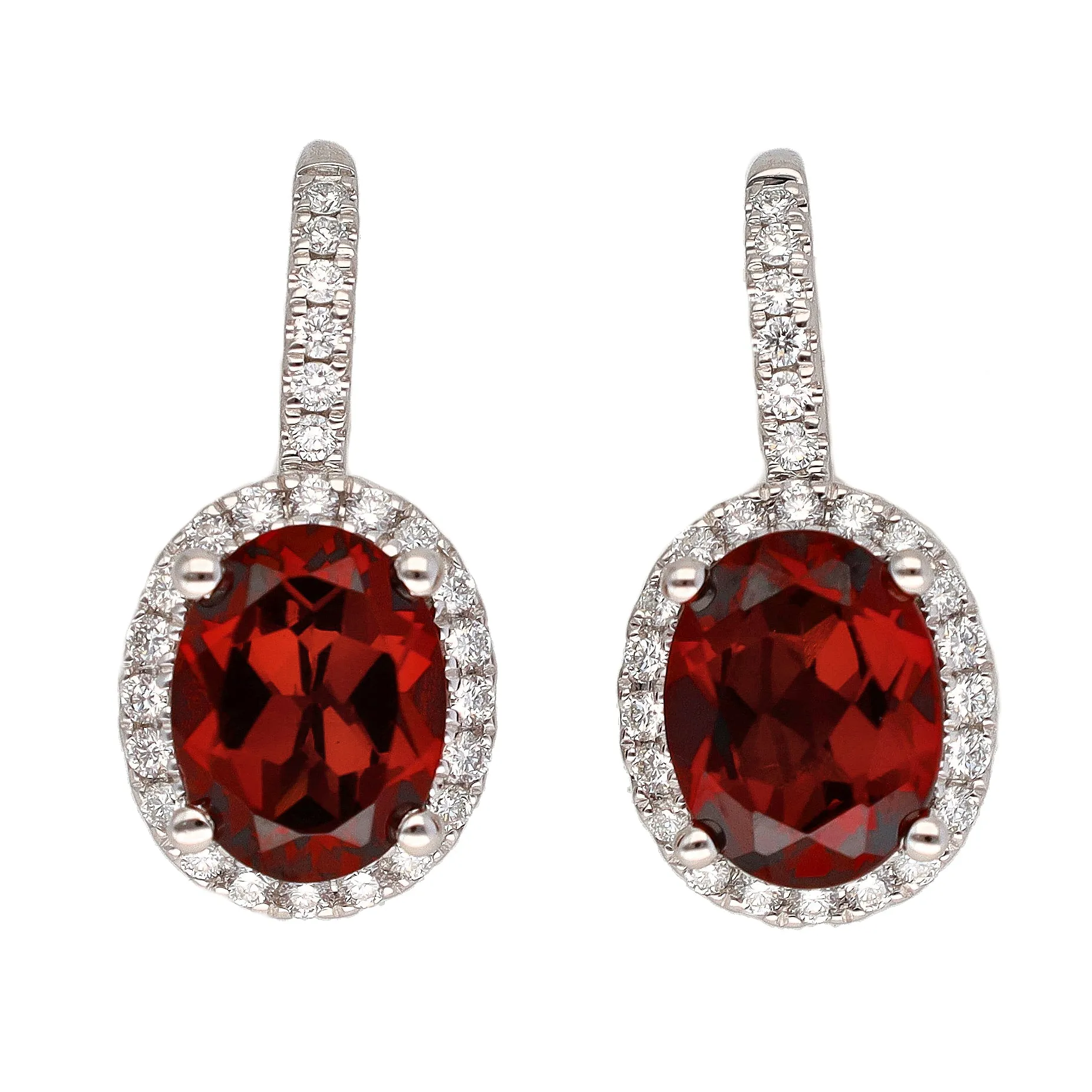 14K White Gold Oval Garnet & Diamond Dangle Earrings