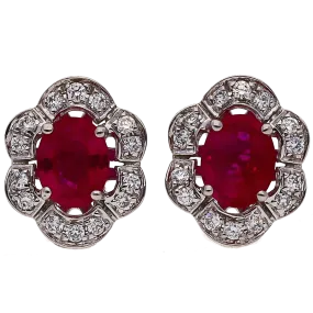 14K White Gold Oval Ruby with Diamond Halo Stud Earrings