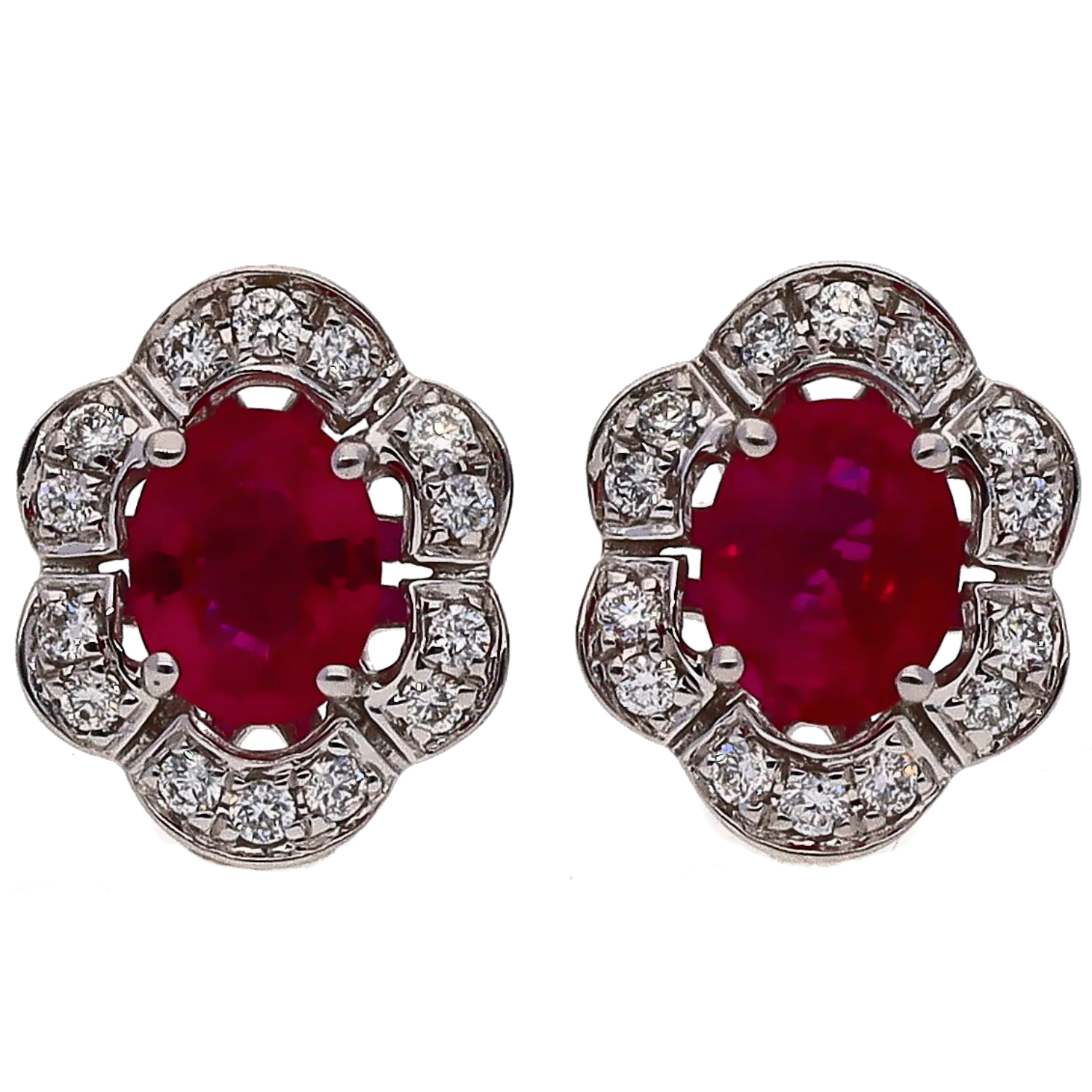 14K White Gold Oval Ruby with Diamond Halo Stud Earrings