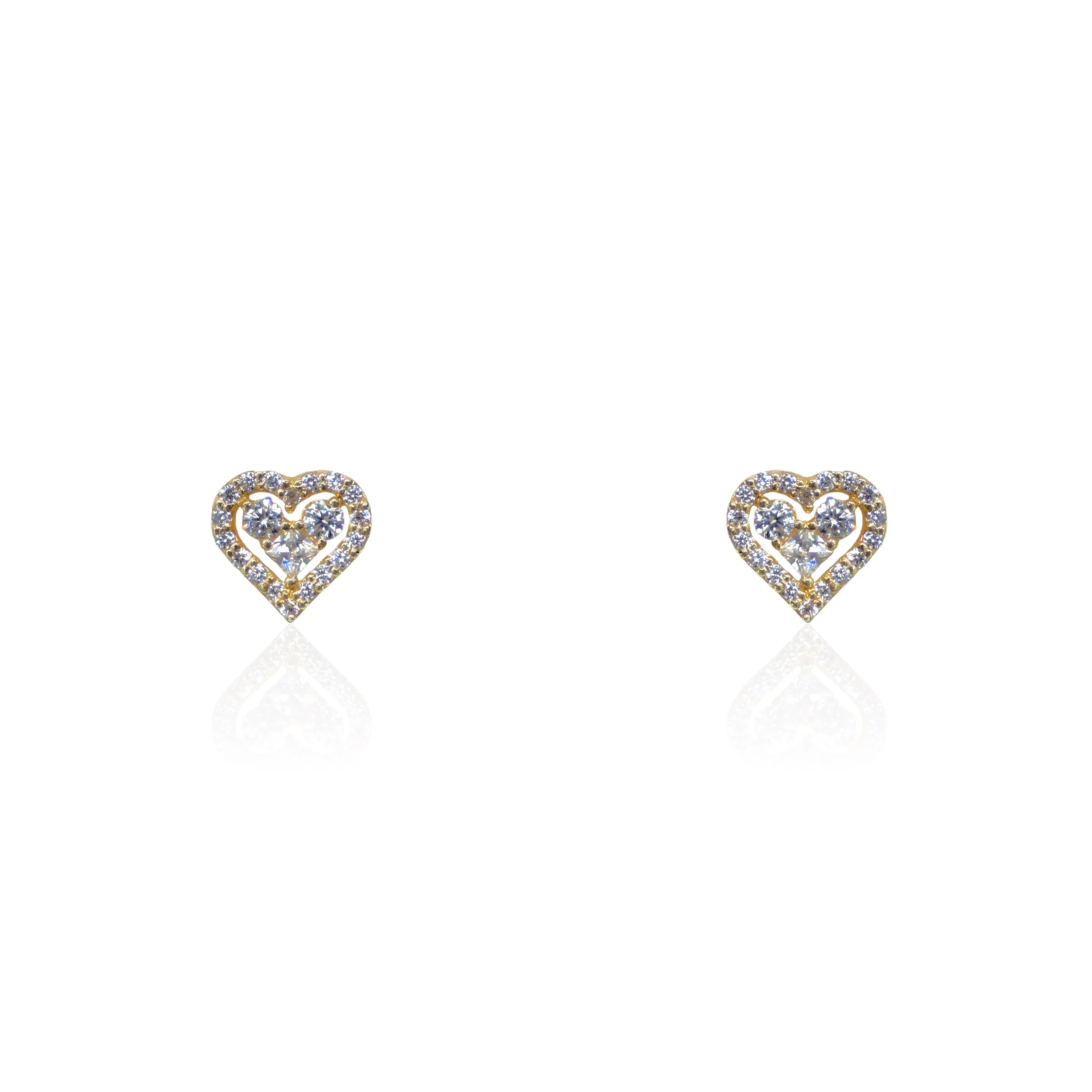 14K Yellow Gold CZ Stone Center Heart Screwback Earring with CZ Stone Halo