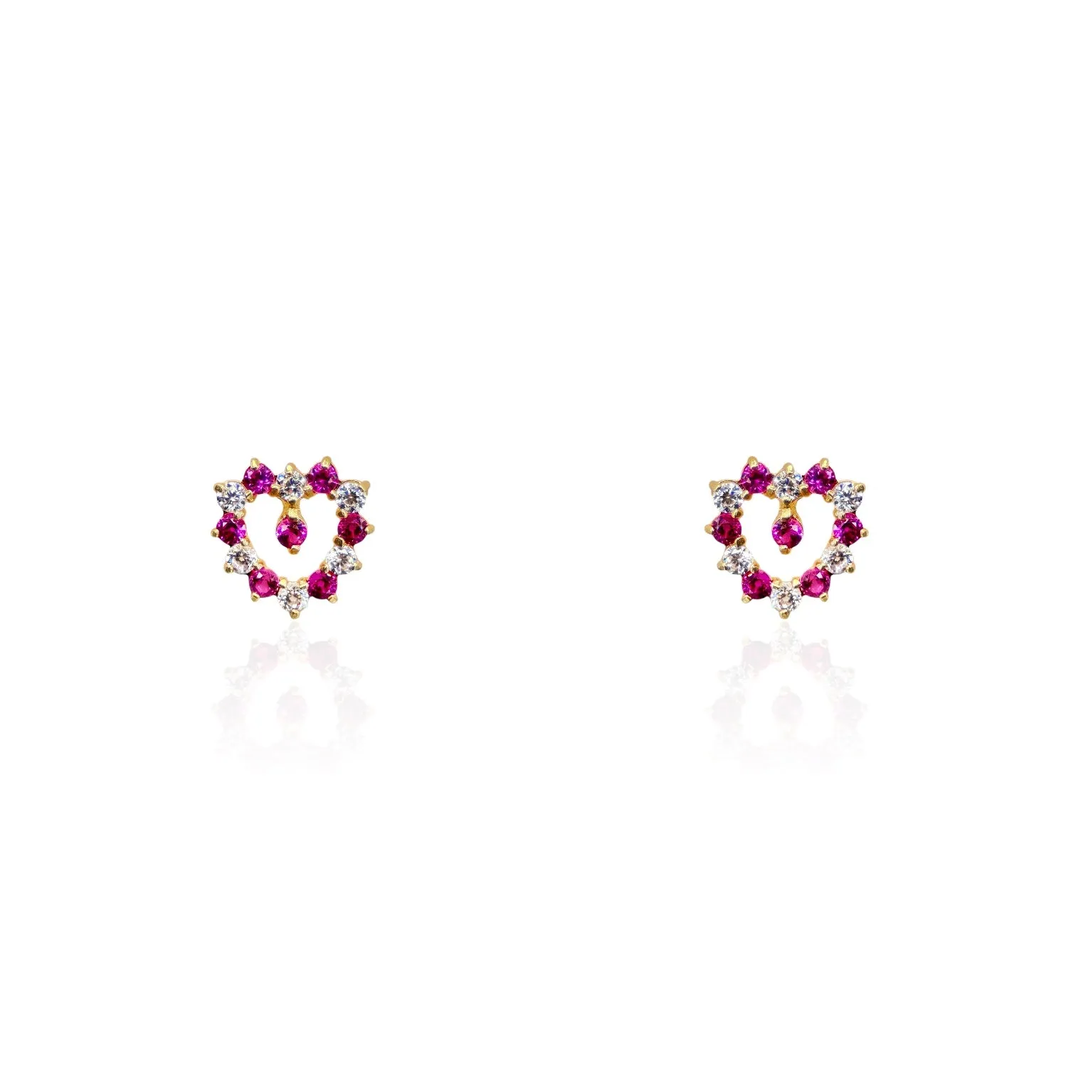 14k Yellow Gold Open Heart Earrings With Alternating Pointy Pink and White CZ Stones