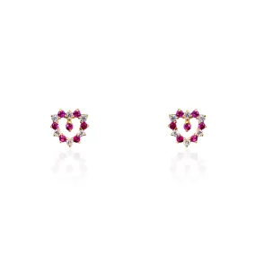 14k Yellow Gold Open Heart Earrings With Alternating Pointy Pink and White CZ Stones