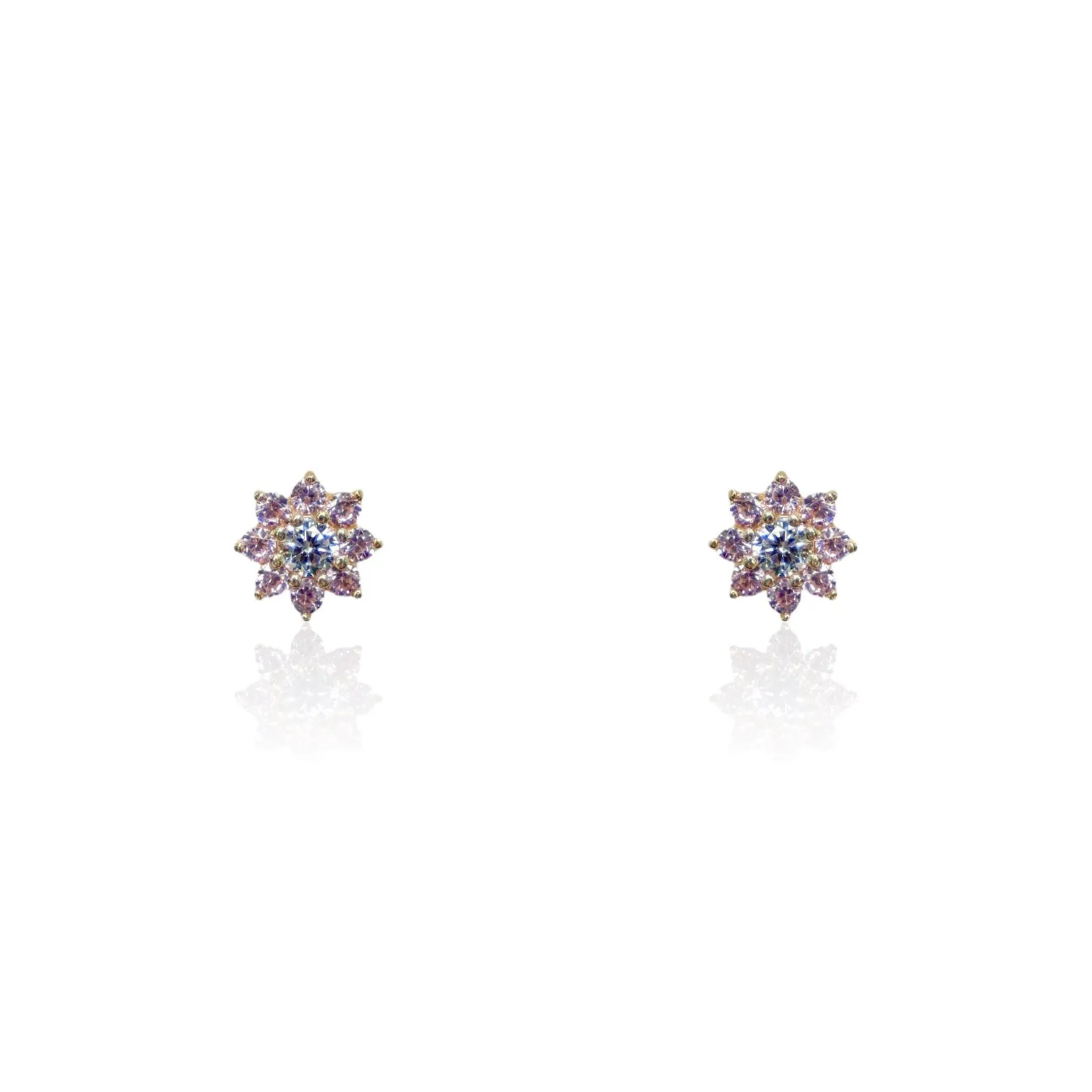 14K Yellow Gold Pink CZ Stone Flower Cluster Screwback Earring with White CZ Center