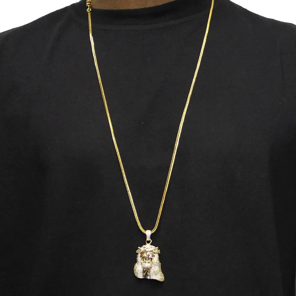 18k Gold Plated 1.5 inch CZ Mini Jesus Piece with 32 inch Franco Chain