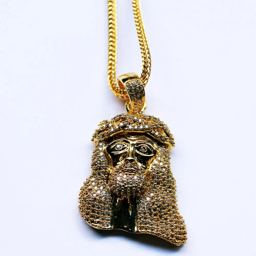 18k Gold Plated 1.5 inch CZ Mini Jesus Piece with 32 inch Franco Chain