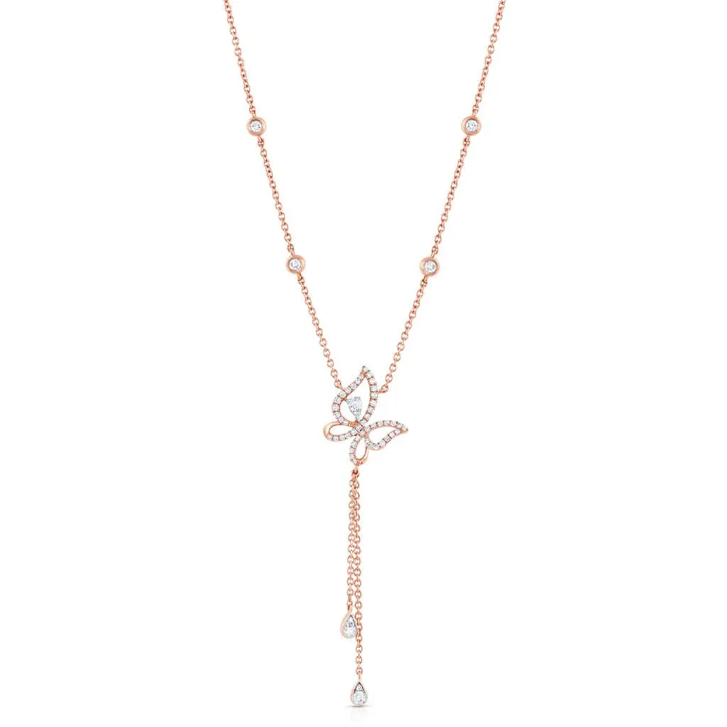 18K Rose Gold Diamond Butterfly Teardrop Dangle Necklace