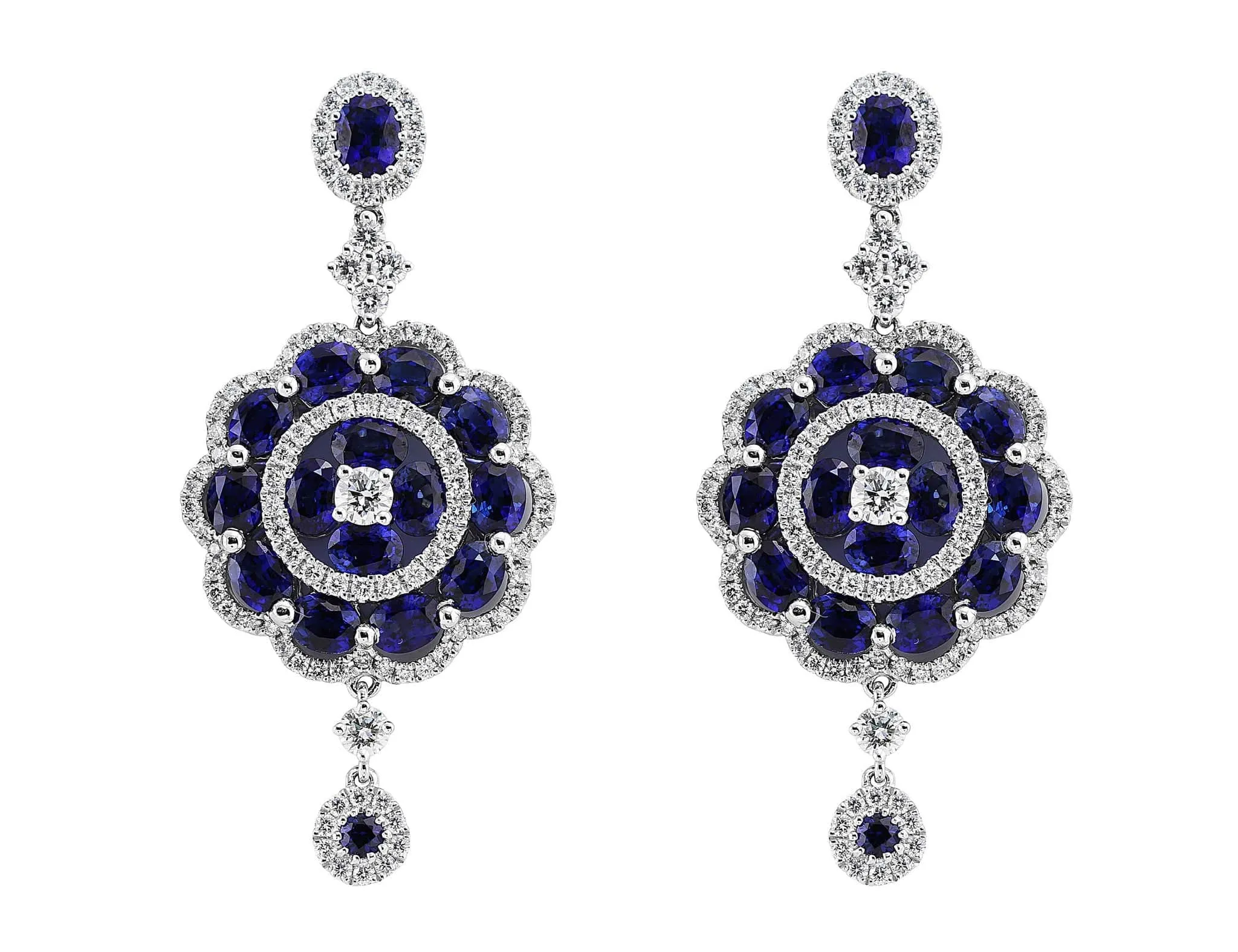 18k White Gold Sapphire and Diamond Floral Drop Earrings