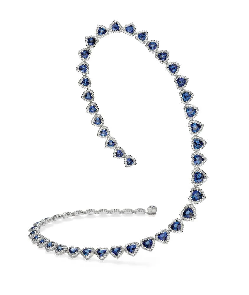 18k White Gold Sapphire Diamond Heart Shape Necklace