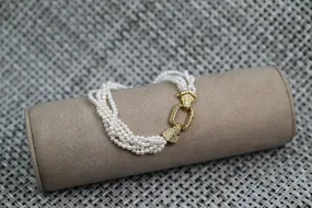 18k Yellow Gold and Diamond Fresh Water Cultured White Pearl Multi Strand Bracelet