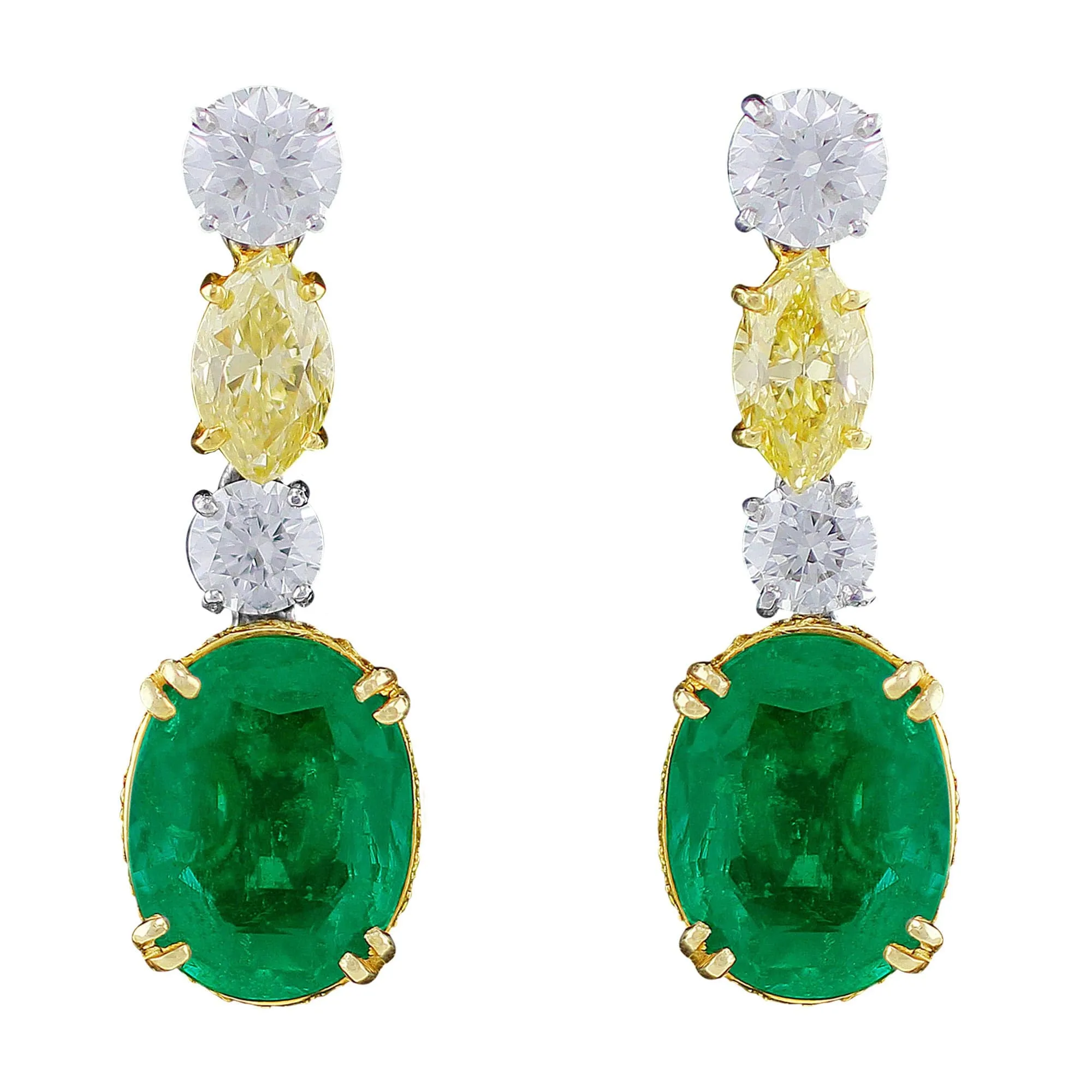 18k Yellow Gold Platinum Natural Colombian Emerald Fancy Color Diamond Earrings