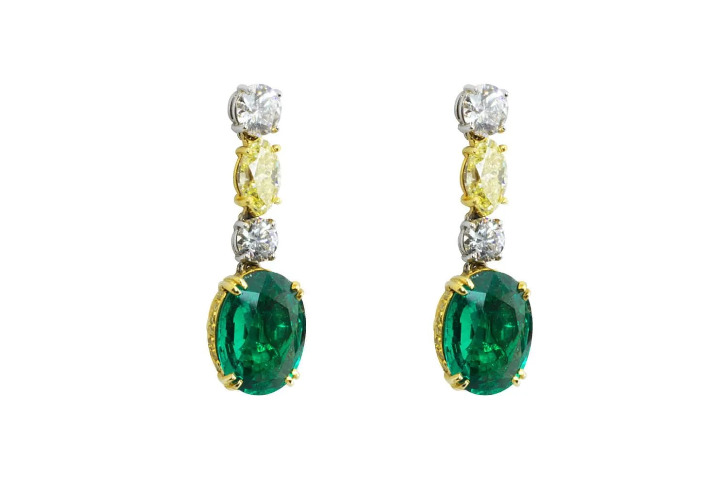 18k Yellow Gold Platinum Natural Colombian Emerald Fancy Color Diamond Earrings