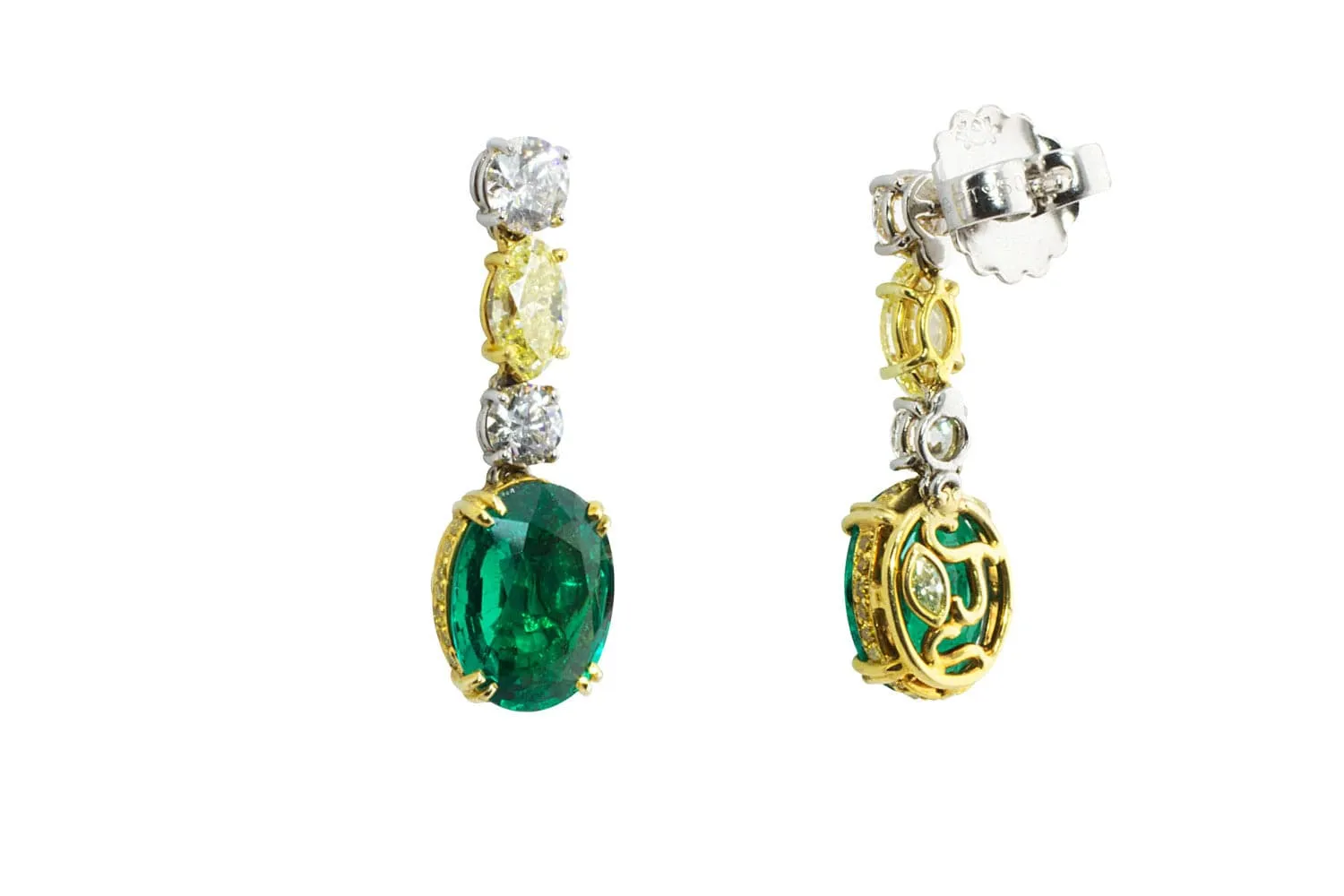 18k Yellow Gold Platinum Natural Colombian Emerald Fancy Color Diamond Earrings