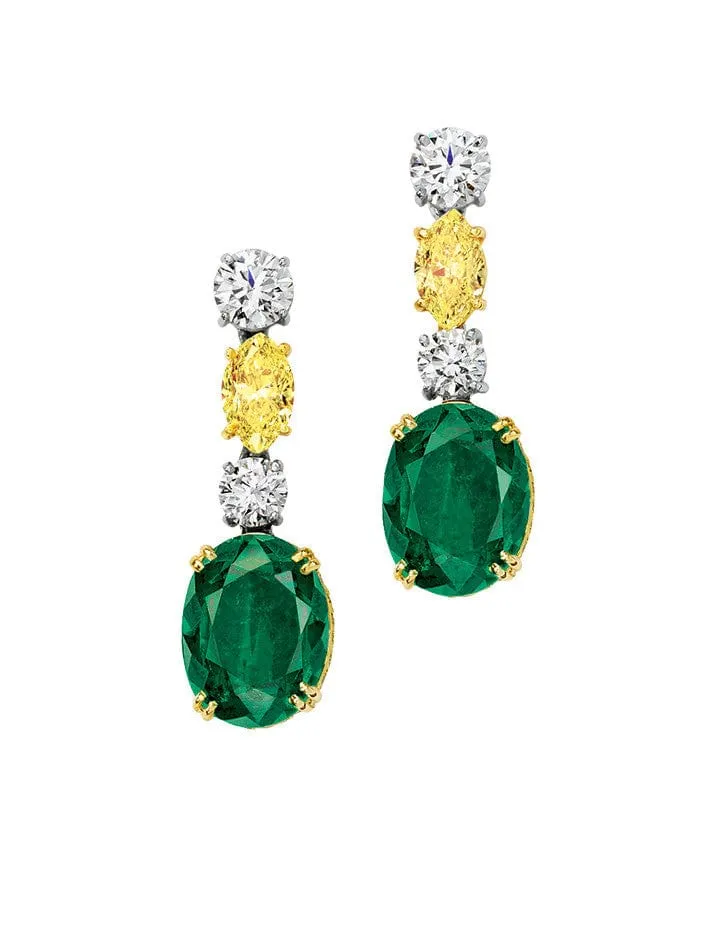 18k Yellow Gold Platinum Natural Colombian Emerald Fancy Color Diamond Earrings