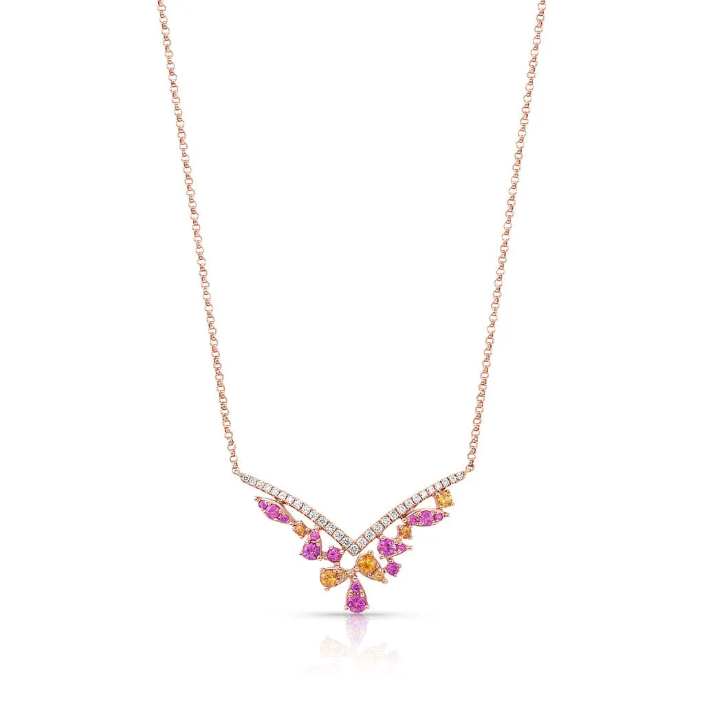 18kt Rose Gold Rainbow Sapphire Cluster V Necklace