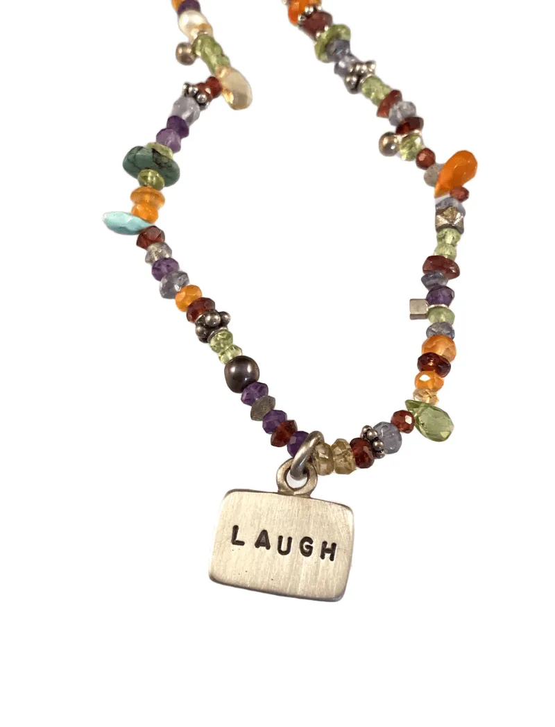 18" Multi Gemstone Laugh Tag Charm Necklace