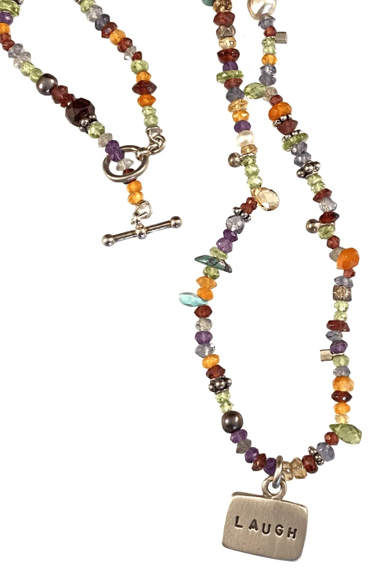 18" Multi Gemstone Laugh Tag Charm Necklace