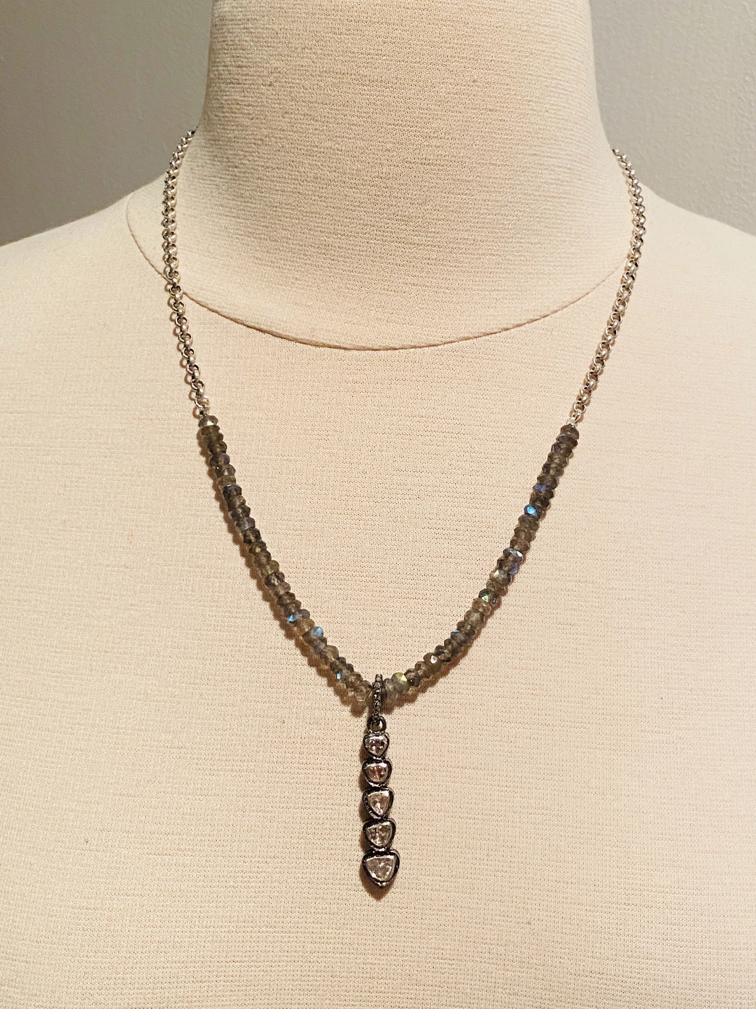 21” Sterling Rose Cut Diamond & Labradorite Gem Necklace