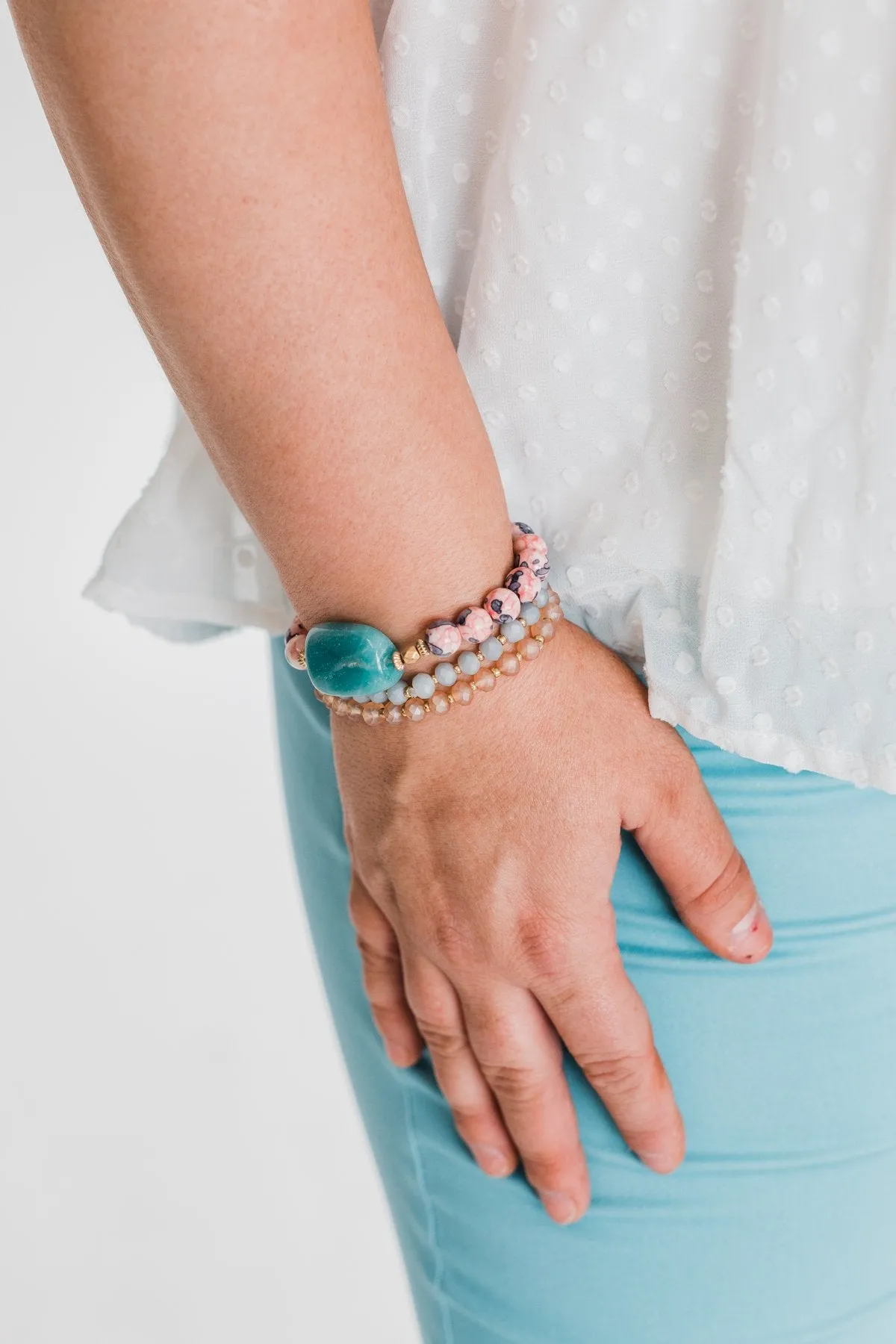 3 Layer Bracelet Stone Set- Pink & Jade