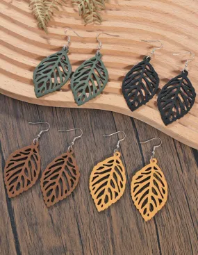 4 Pairs of Hollow Leaf-Shaped Wooden Earrings