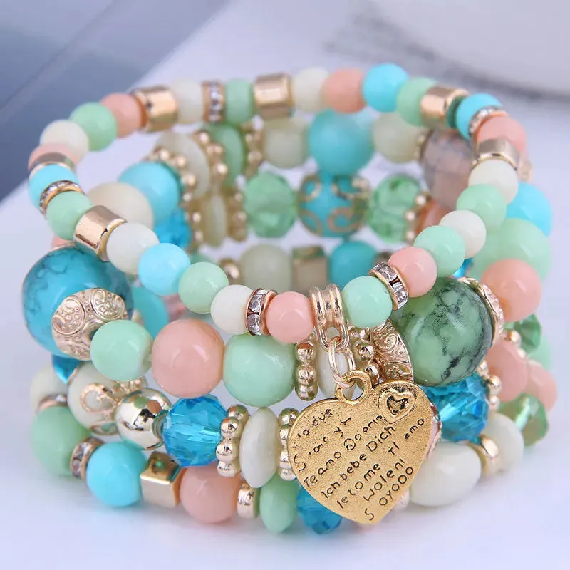 4-piece set Bohemian Love-Pendant Crystal Beads Bracelet