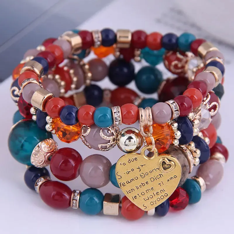 4-piece set Bohemian Love-Pendant Crystal Beads Bracelet