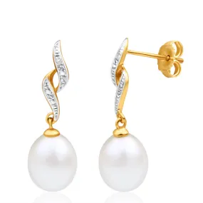 9ct Dazzling Yellow Gold Diamond   Pearl Drop Earrings