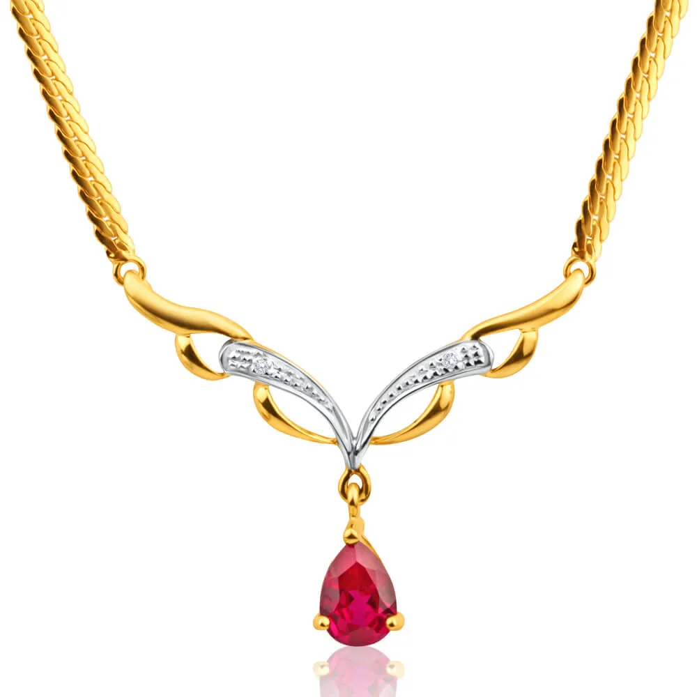 9ct Elegant Yellow Gold Created Ruby   Diamond Chain