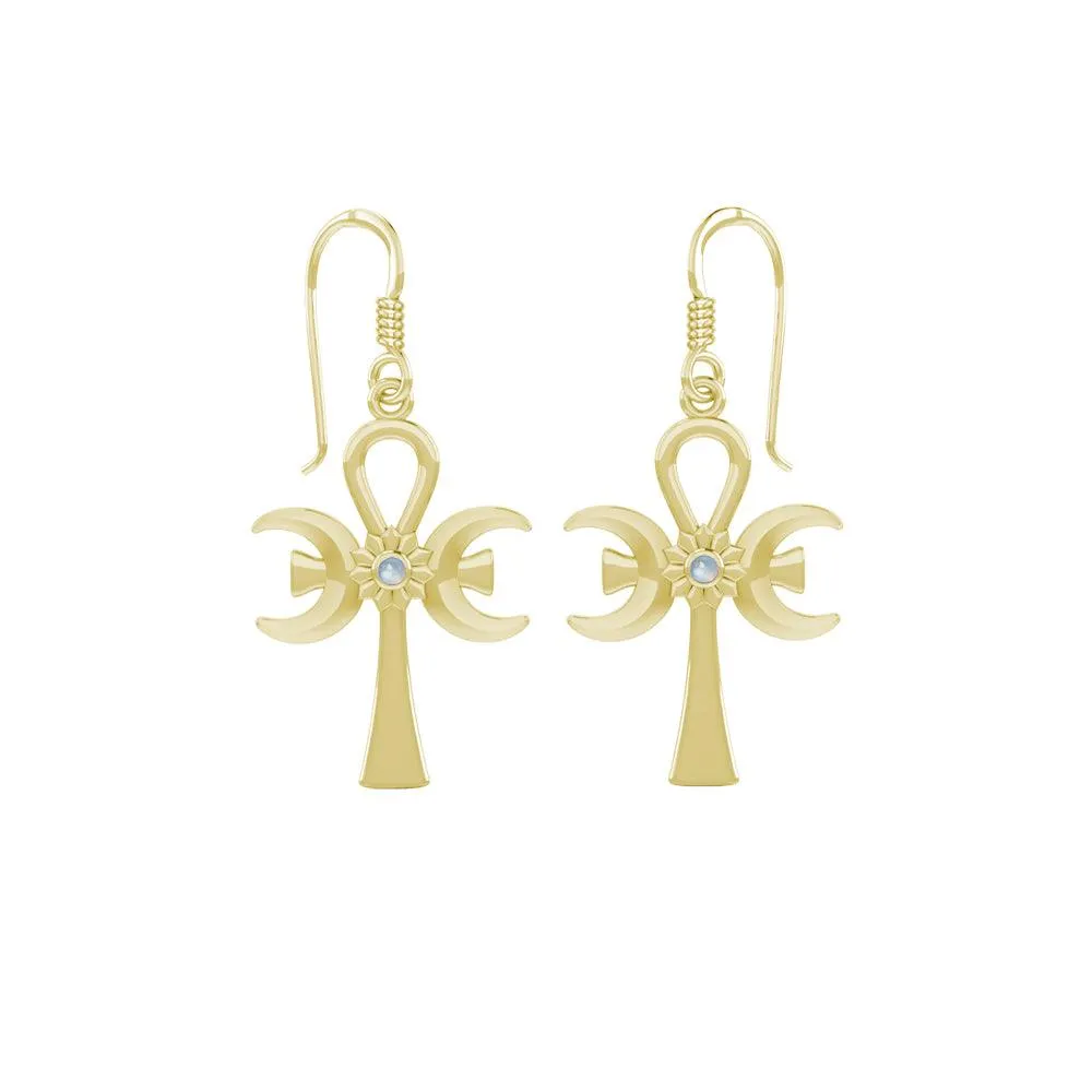 A breath of life ~ Solid Yellow Gold Triple Goddess Ankh Hook Earrings with Gemstone GER1708