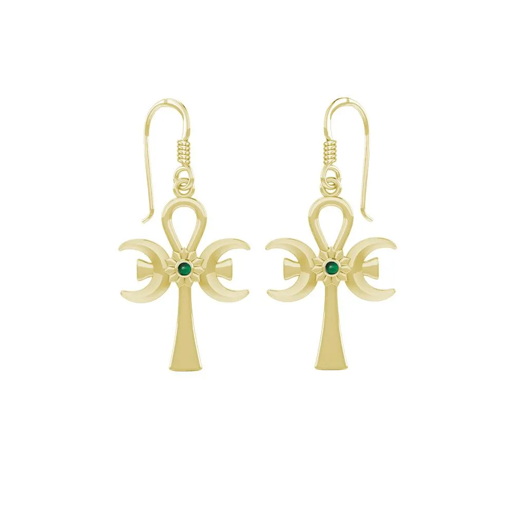 A breath of life ~ Solid Yellow Gold Triple Goddess Ankh Hook Earrings with Gemstone GER1708