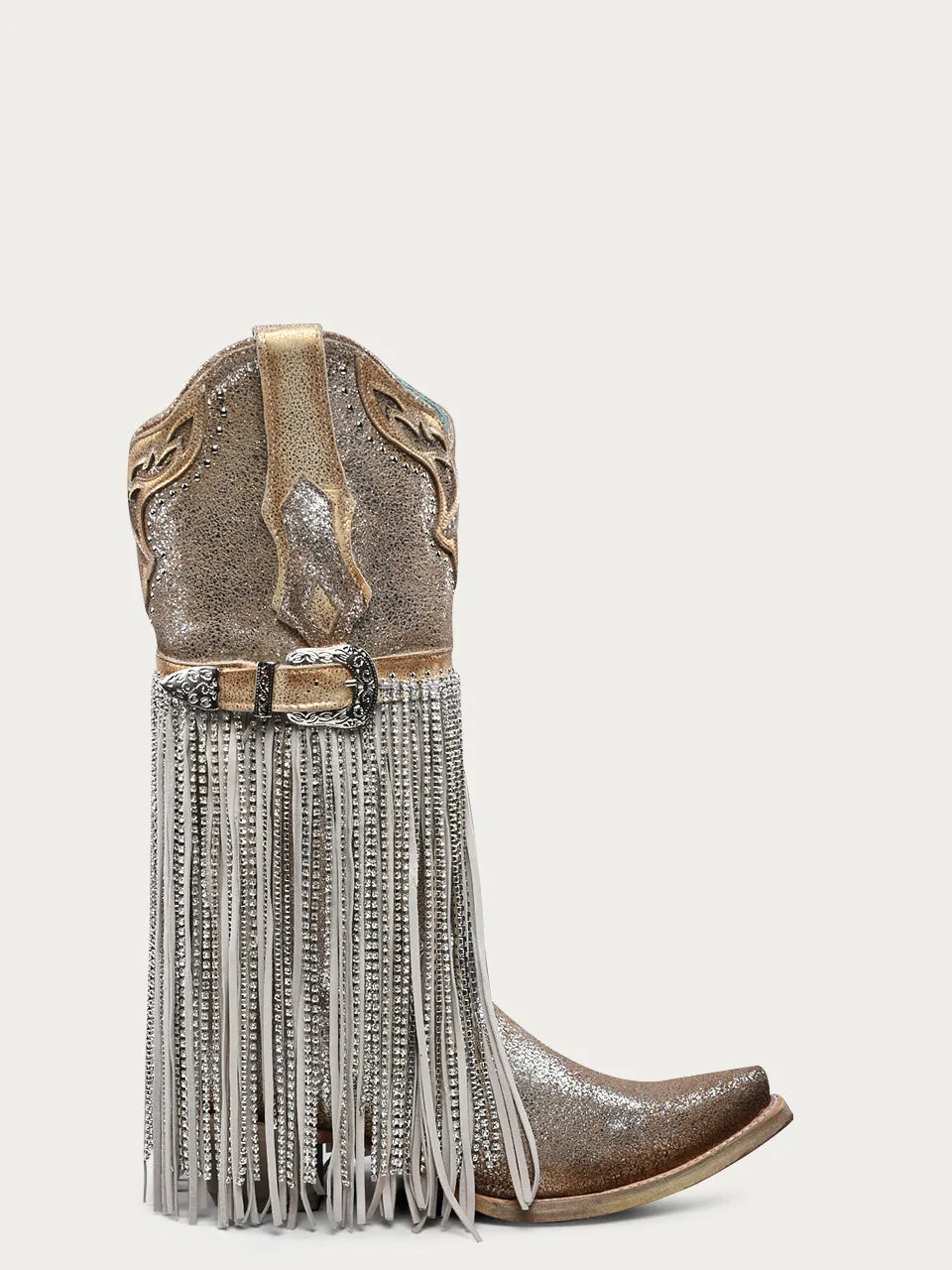 A4514 - WOMEN'S SILVER-GOLD FINISH WITH CRYSTAL FRINGE, HARNESS AND STUDS SNIP TOE COWBOY BOOT