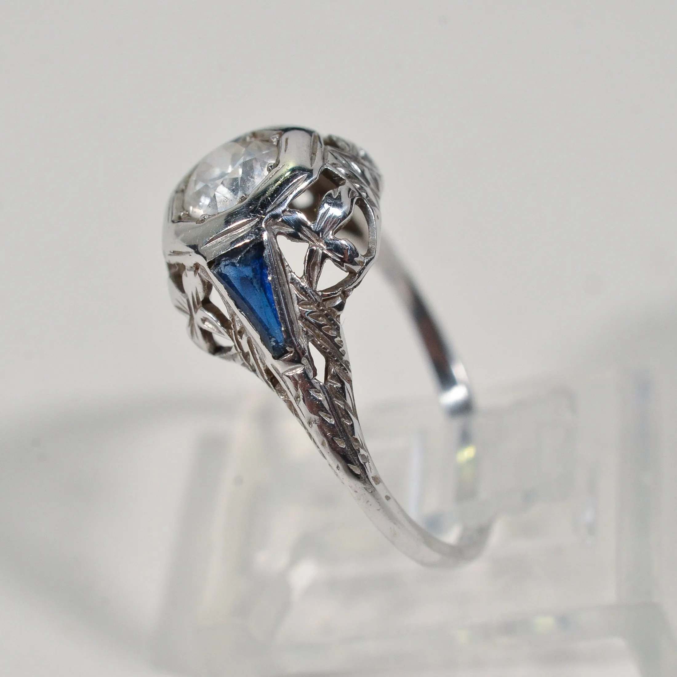 Antique 1920s Art Deco/Nouveau Old Cut Diamond 14K White Gold Ring, Synthetic Blue Sapphire Baguettes, Engagement Wedding Bridal Ring SZ 5.5