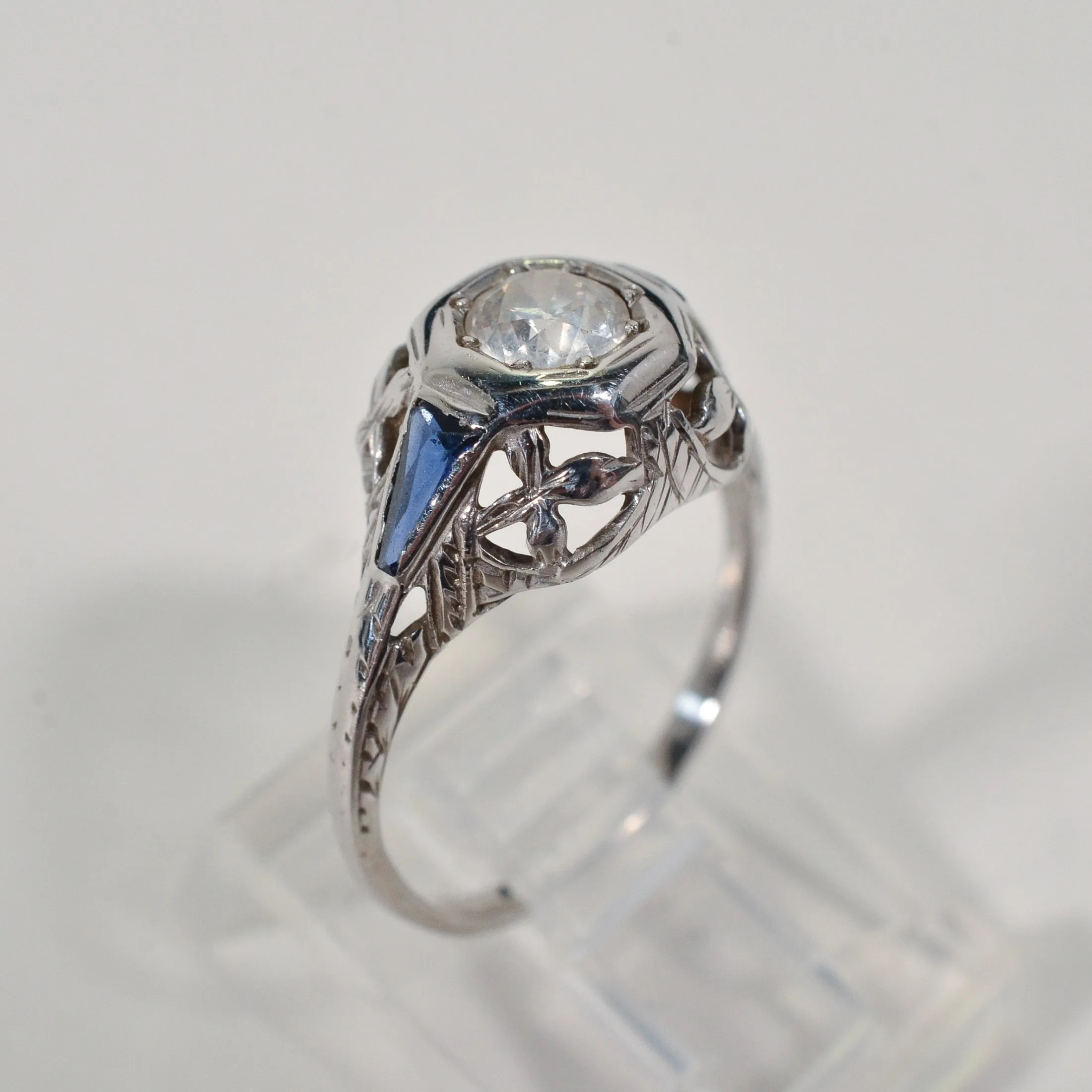 Antique 1920s Art Deco/Nouveau Old Cut Diamond 14K White Gold Ring, Synthetic Blue Sapphire Baguettes, Engagement Wedding Bridal Ring SZ 5.5