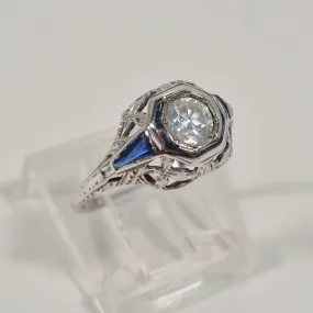 Antique 1920s Art Deco/Nouveau Old Cut Diamond 14K White Gold Ring, Synthetic Blue Sapphire Baguettes, Engagement Wedding Bridal Ring SZ 5.5