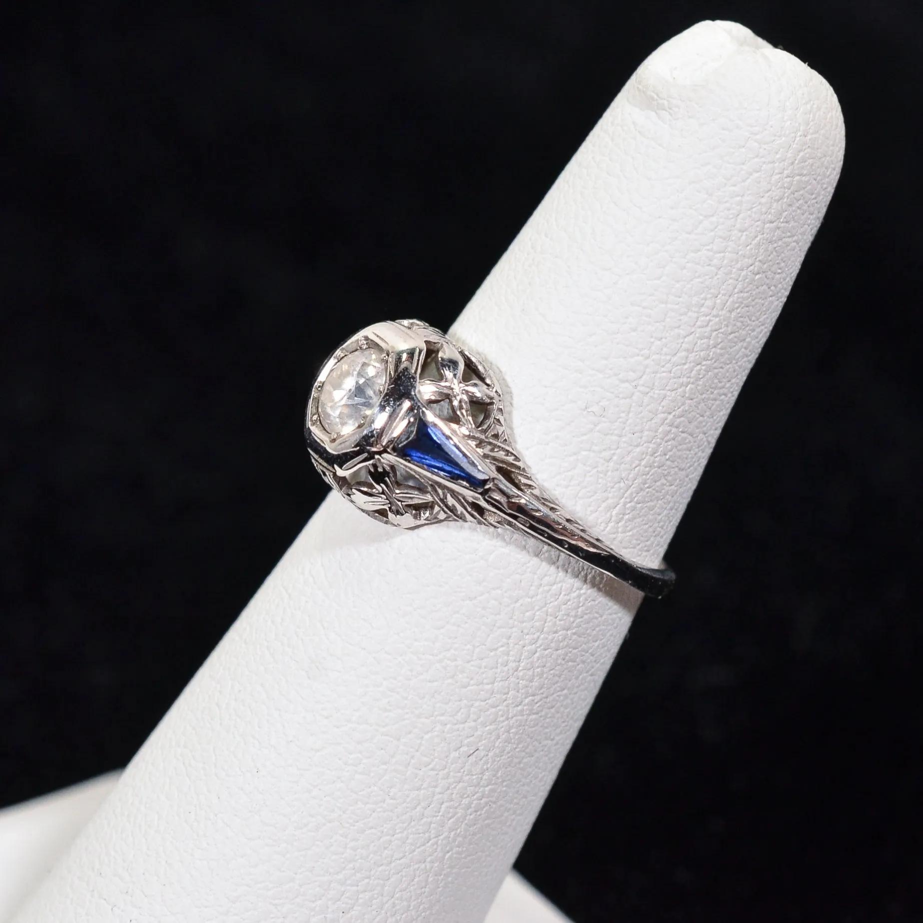 Antique 1920s Art Deco/Nouveau Old Cut Diamond 14K White Gold Ring, Synthetic Blue Sapphire Baguettes, Engagement Wedding Bridal Ring SZ 5.5