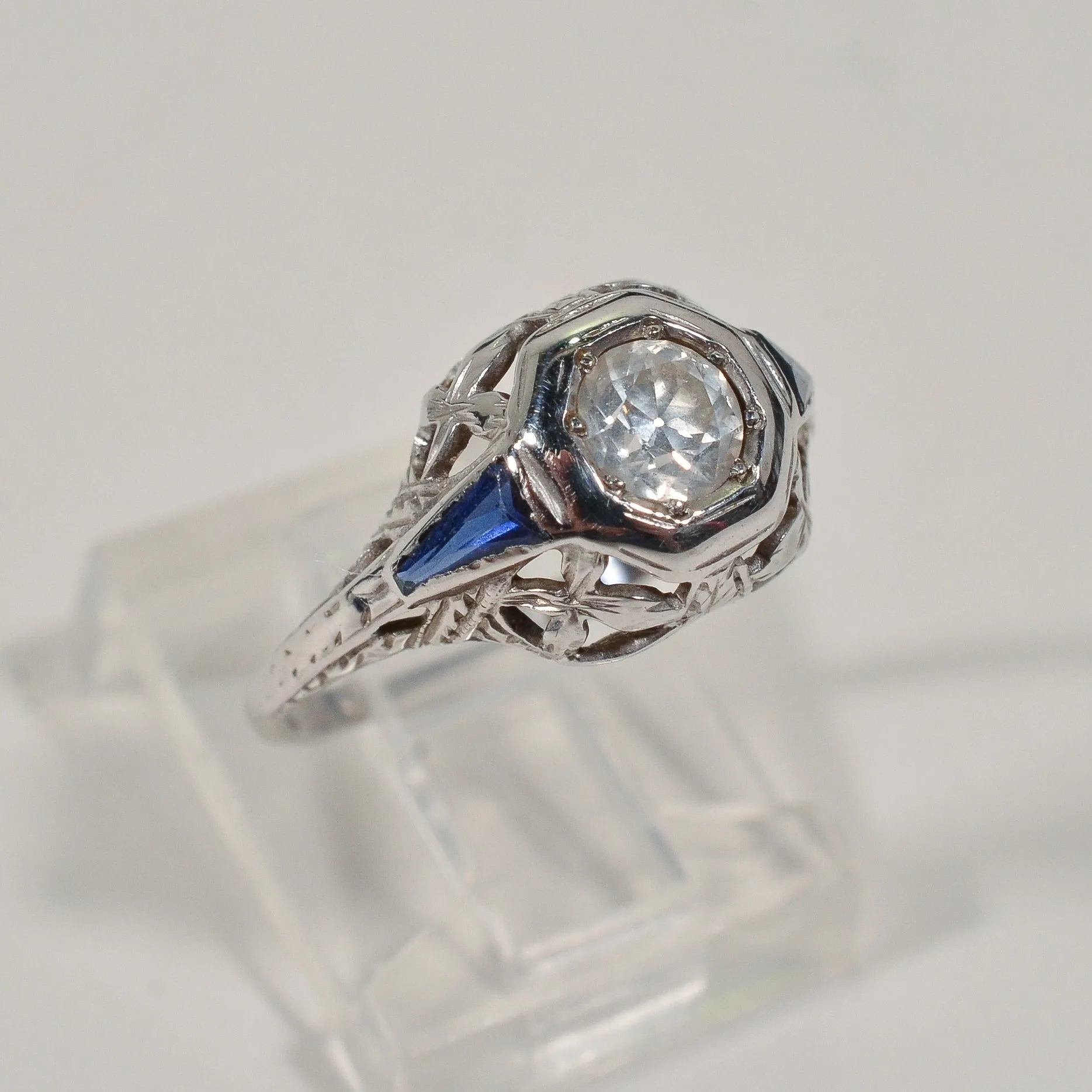 Antique 1920s Art Deco/Nouveau Old Cut Diamond 14K White Gold Ring, Synthetic Blue Sapphire Baguettes, Engagement Wedding Bridal Ring SZ 5.5