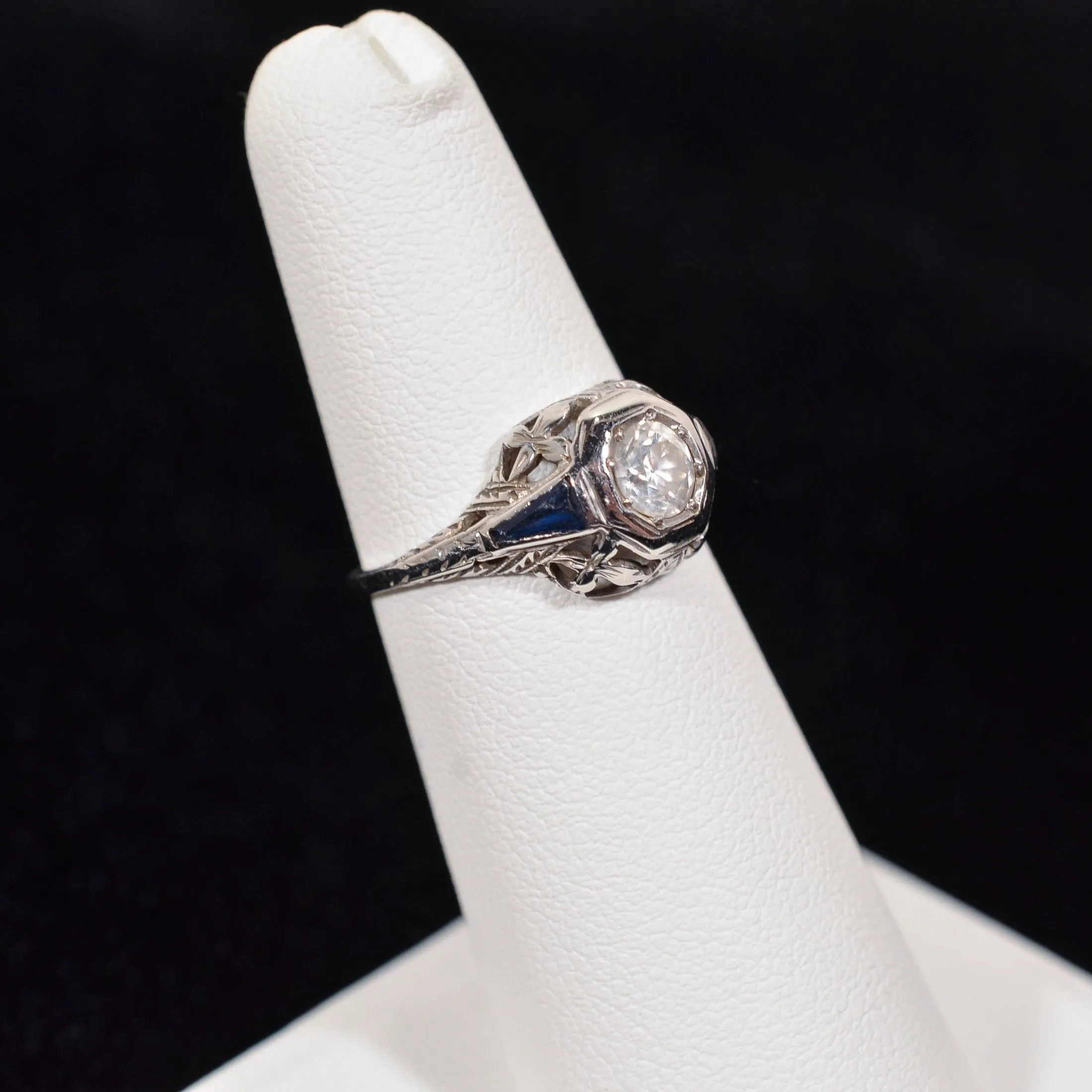 Antique 1920s Art Deco/Nouveau Old Cut Diamond 14K White Gold Ring, Synthetic Blue Sapphire Baguettes, Engagement Wedding Bridal Ring SZ 5.5