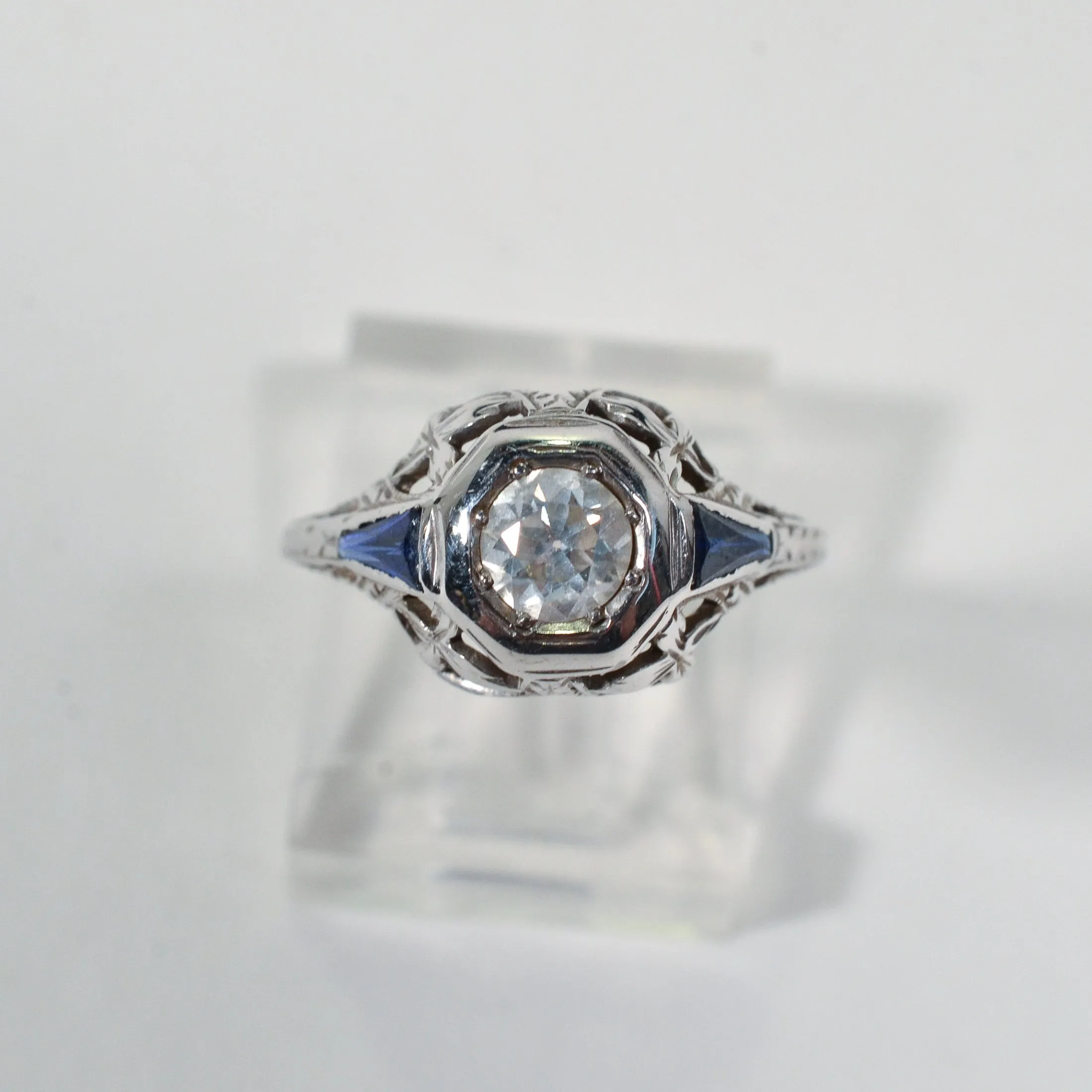 Antique 1920s Art Deco/Nouveau Old Cut Diamond 14K White Gold Ring, Synthetic Blue Sapphire Baguettes, Engagement Wedding Bridal Ring SZ 5.5