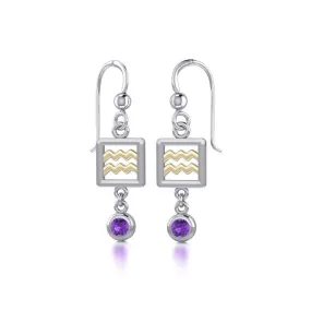 Aquarius Zodiac Sign Silver and Gold Earrings Jewelry with Amethyst MER1767