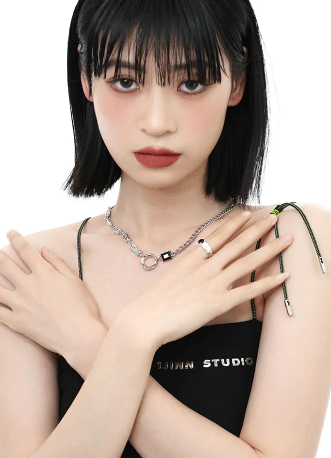 Asymmetric Chain Necklace with Ring Pendant