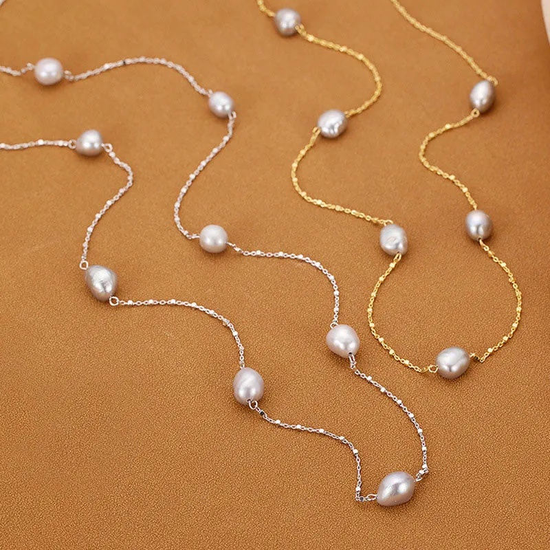 Baroque Pearl Sterling Silver Satellite Chain Bolo Slider Bead Station Necklace