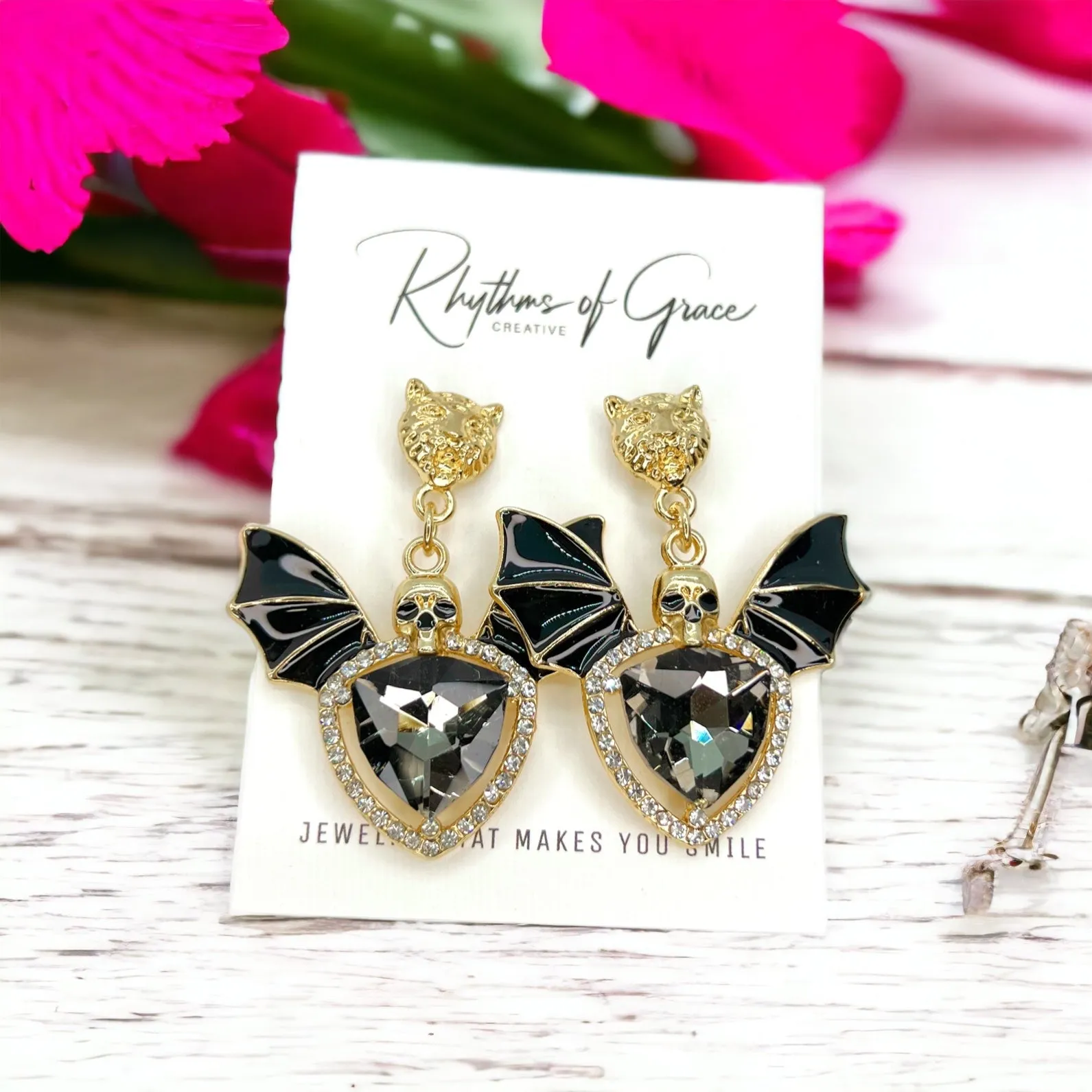 Bat Earrings - Halloween Earrings, Rhinstone Bat, Halloween Teacher, Jeweled Halloween