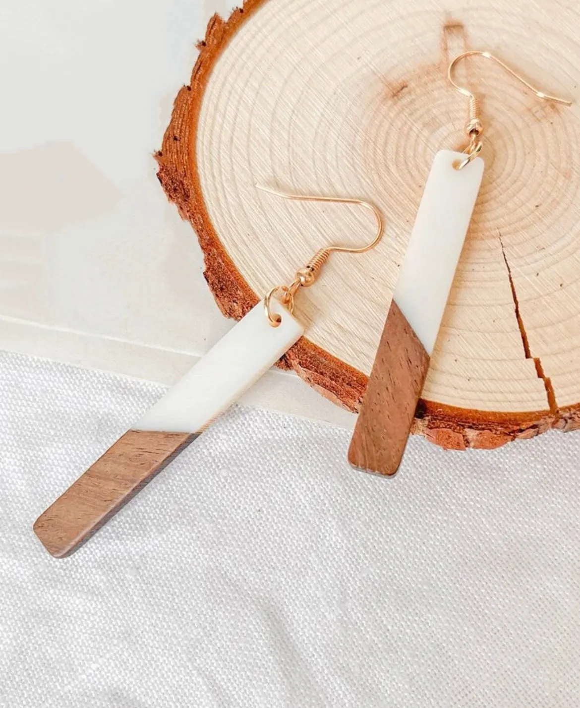 Beautiful Wood and White Resin Bar Earrings