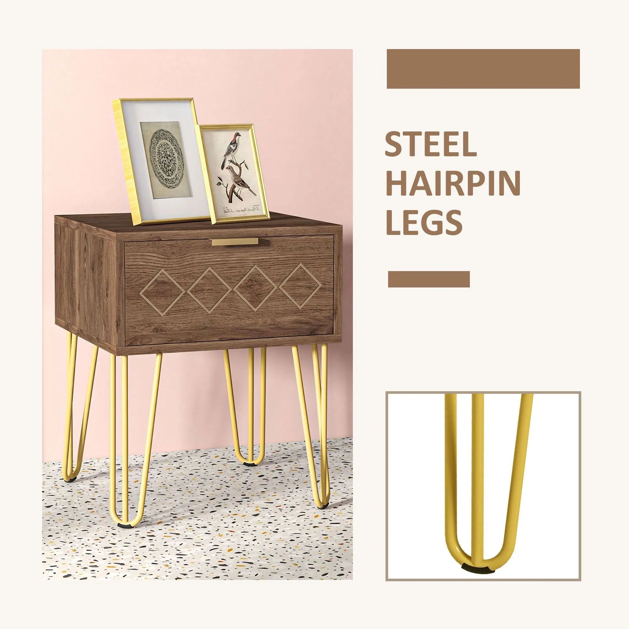 Bedside Table with Drawer, Wooden Nightstand, Modern Sofa Side Table with Gold Tone Metal Legs for Living Room, Bedroom